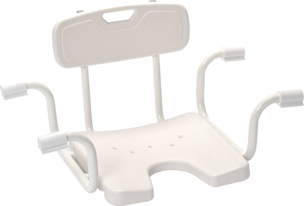 Badewanneneinhängesitz Bob von Drive Medical mit komfortabler Rückenlehne, rutschfester Sitzfläche mit Hygieneausschnitt und gummierten Haltebügeln für sicheren Halt in der Badewanne.