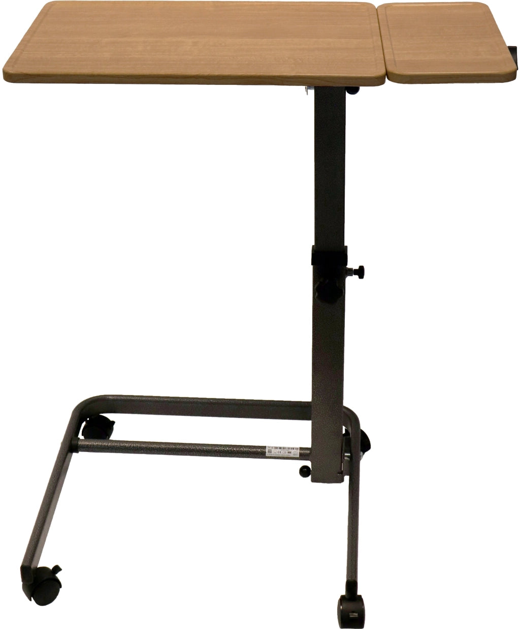 Pflege- und Beistelltisch SuppliTo twinTop in Holzoptik mit zwei Tischplatten – neigbare Hauptplatte und feste Seitenplatte, höhenverstellbar, mobil auf vier Rollen.