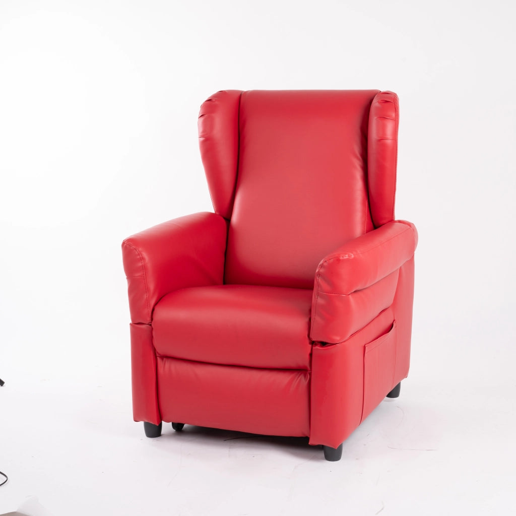 Lift-Relaxsessel Chanel von egoista in leuchtendem Rot mit Kunstlederbezug, hoher Rückenlehne und gepolsterten Armlehnen – ein stilvoller und pflegeleichter Pflegesessel für maximalen Komfort und Unterstützung.
