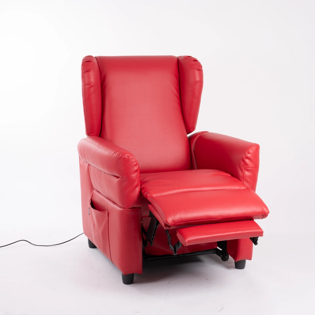 Lift-Relaxsessel Chanel von egoista in Rot mit Kunstlederbezug, ausgefahrener Fußstütze und motorisiertem Relax-Mechanismus – ideal für entspanntes Sitzen und Liegen, perfekt als Pflegesessel für Senioren und Menschen mit eingeschränkter Mobilität.