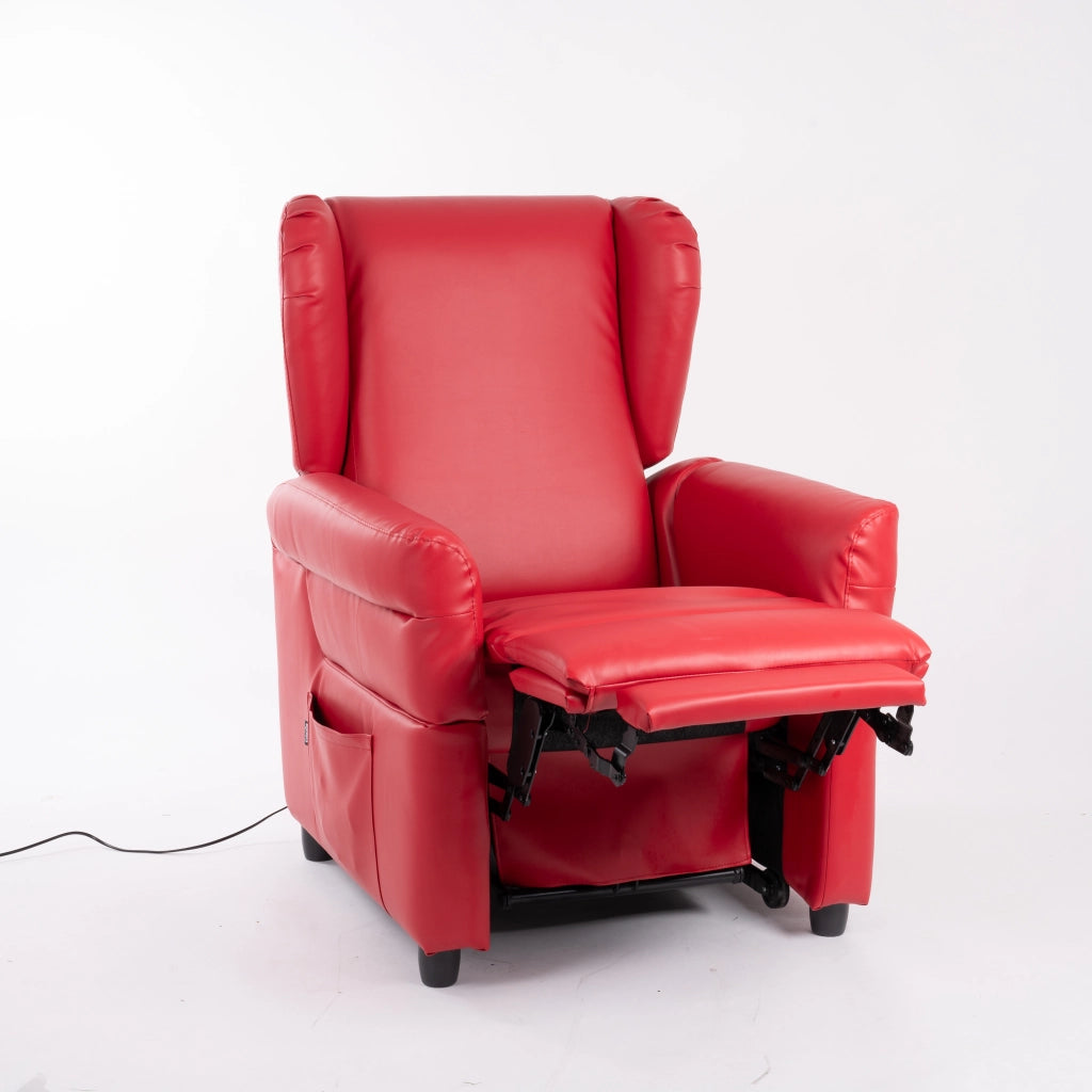 Lift-Relaxsessel Chanel von egoista in Rot mit Kunstlederbezug, teilweise ausgefahrener Fußstütze und sichtbarem motorisierten Mechanismus – ergonomischer und funktionaler Pflegesessel für entspannte Sitz- und Liegepositionen.