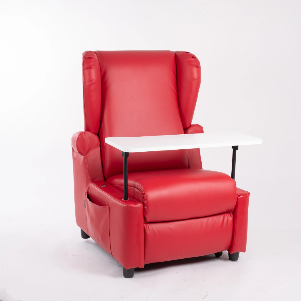 Pflege-Relaxsessel Chanel von egoista in Rot mit Kunstlederbezug, hoher Rückenlehne und abnehmbarem weißen Tisch – ideal als funktionaler Pflegesessel für Senioren und Menschen mit eingeschränkter Mobilität.