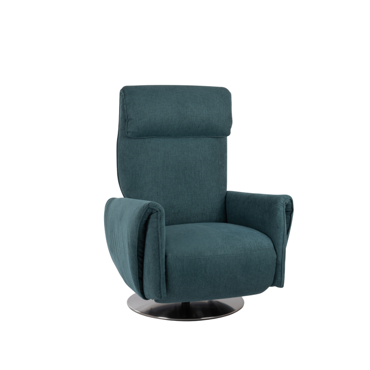Dreh-Relaxsessel Muna von egoista in petrolfarbenem Stoffbezug mit weicher Polsterung, ergonomischer Rückenlehne und drehbarem Metallfuß – ein stilvoller und bequemer Sessel für modernes Wohnen.