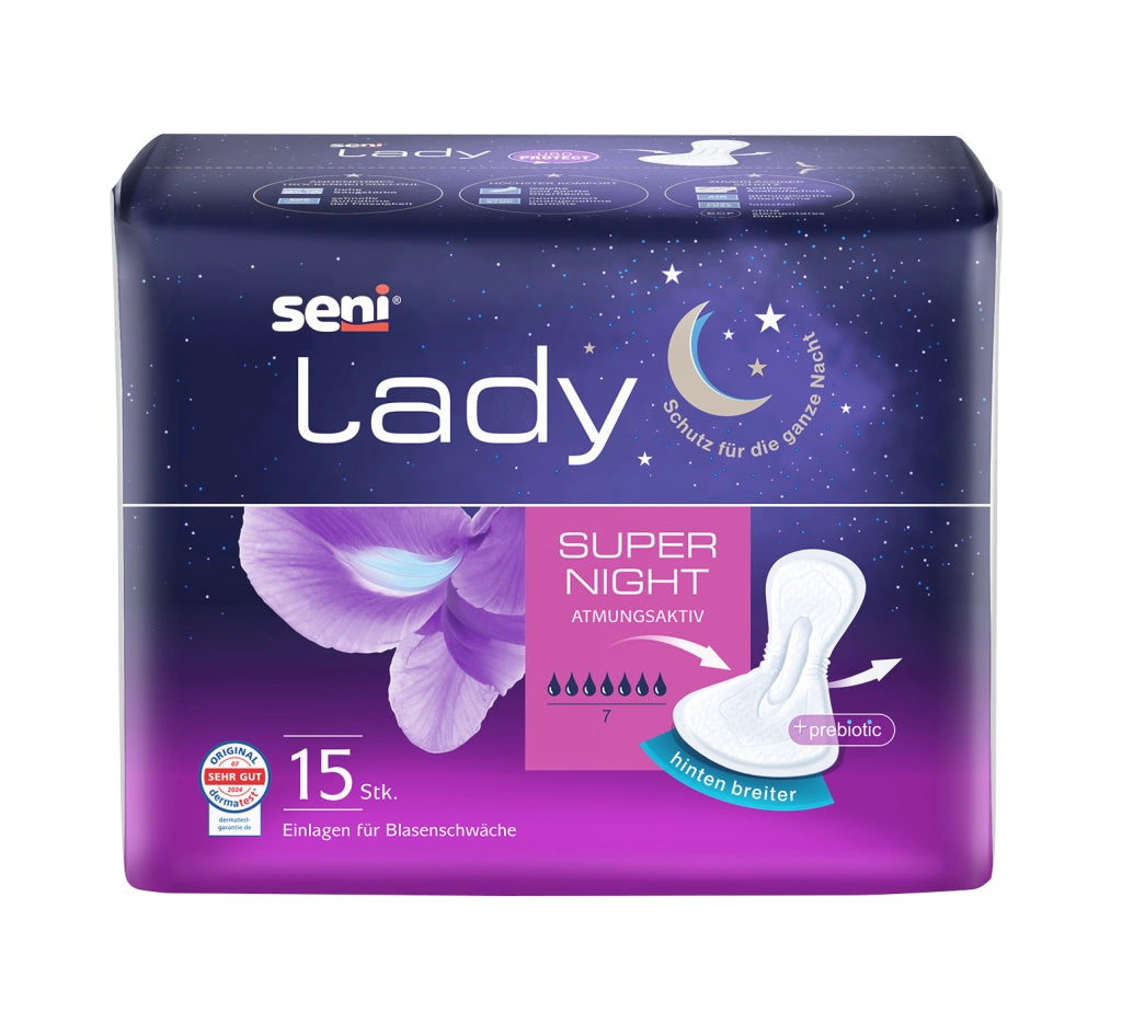 Verpackung der SENI Lady Super Night Inkontinenzeinlagen mit 7 Tropfen Saugstärke, 15 Stück, für die Nacht – atmungsaktiv, mit Präbiotikum und verbreitertem Rückenteil.
