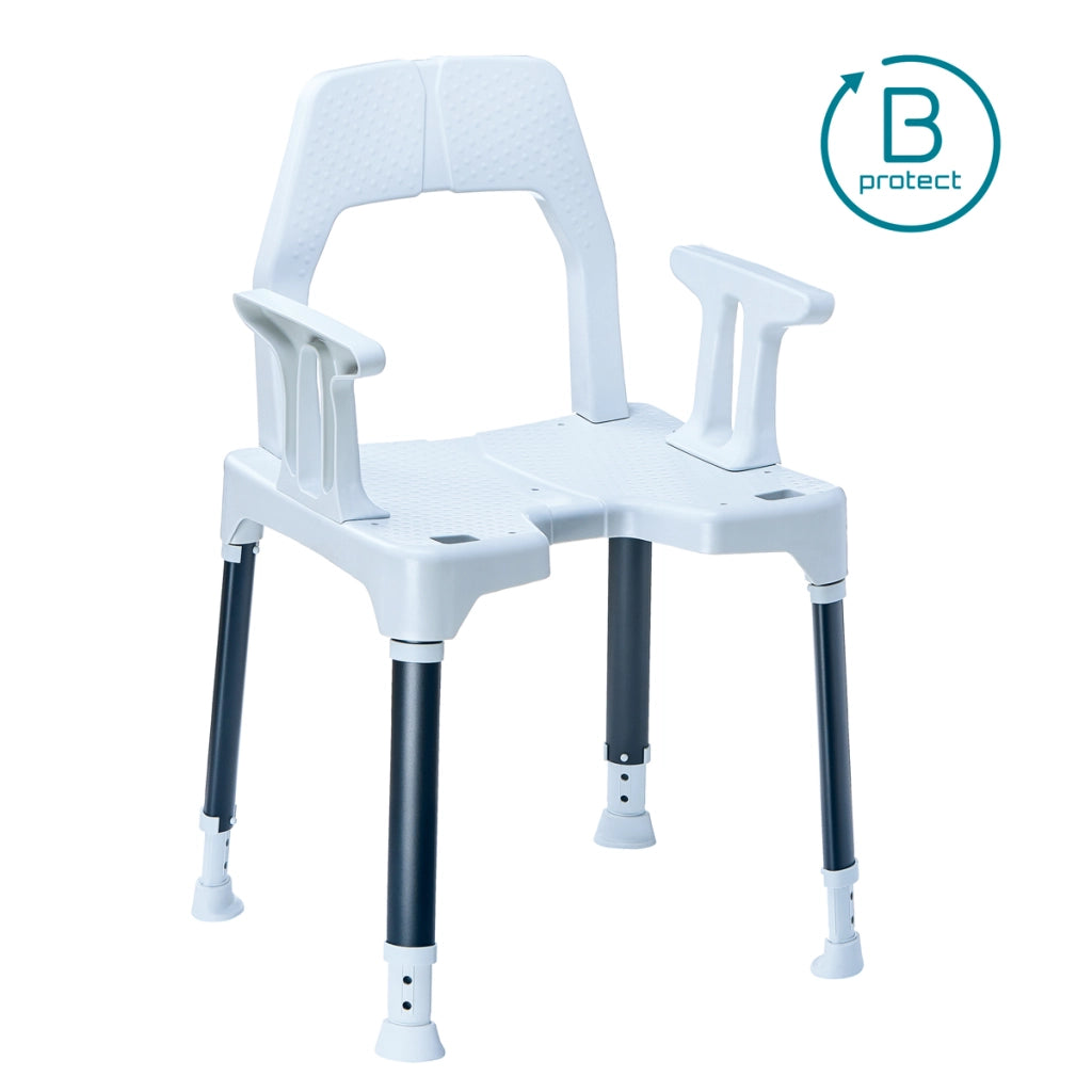 Duschstuhl TAYO B-Protect von Dietz mit Rückenlehne, festen Armlehnen und höhenverstellbaren Beinen, ausgestattet mit antimikrobieller B-Protect-Technologie – Produktansicht mit Logo.