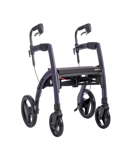 Rollz Motion 2.1 Rollator in Dark Purple, leicht schräge Vorderansicht mit ergonomischen Schiebegriffen.