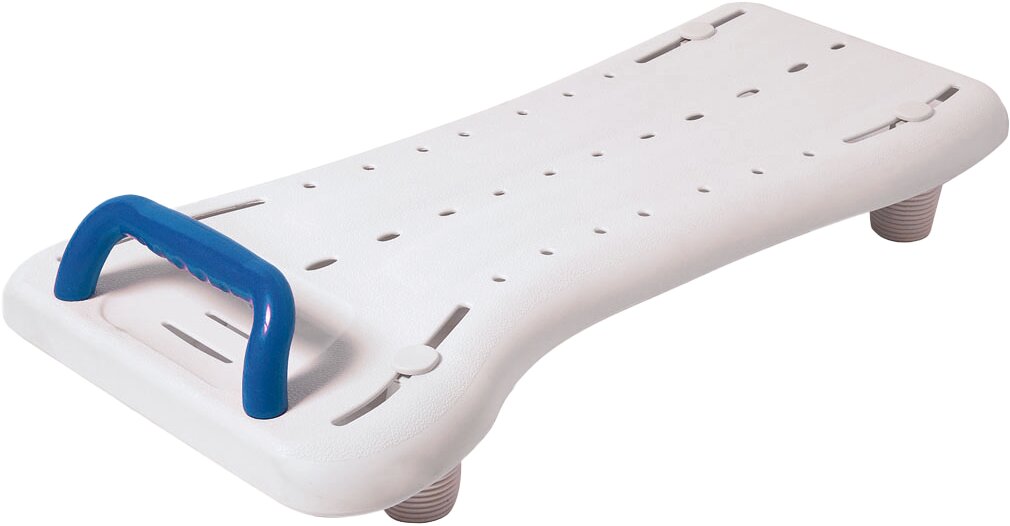 Badebrett Benny XL von Drive Medical mit blauem Haltegriff, rutschfester Sitzfläche und Wasserablauflöchern – extrastabiles Badewannenbrett für bis zu 225 kg Belastung.