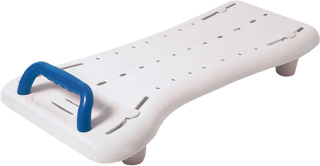 Badebrett Benny XL von Drive Medical mit blauem Haltegriff, rutschfester Sitzfläche und Wasserablauflöchern – extrastabiles Badewannenbrett für bis zu 225 kg Belastung.