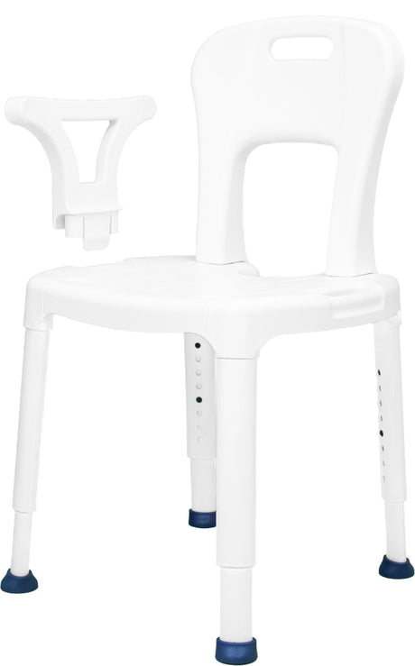 Modularer Duschstuhl AiO von Drive Medical mit abnehmbarer Armlehne, weißes Design mit blauen Gummifüßen, Fokus auf Flexibilität des Stecksystems