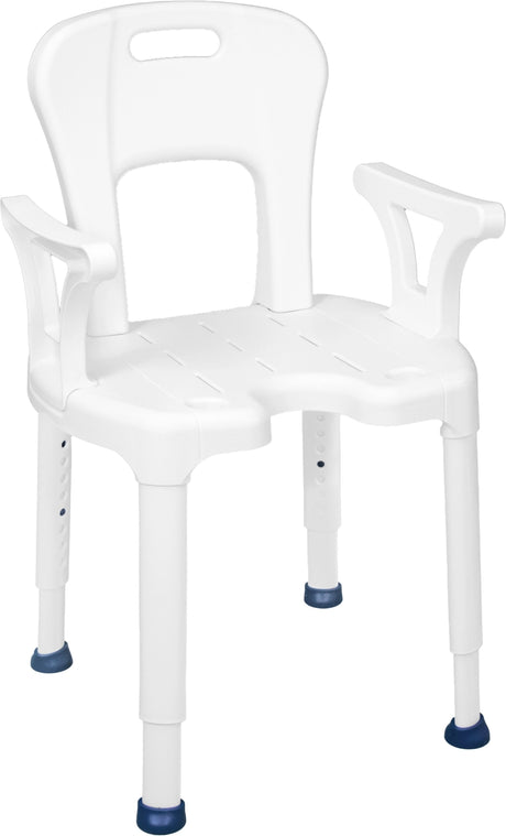 Duschstuhl AiO von Drive Medical mit Rückenlehne und Armlehnen in Weiß – höhenverstellbar, mit rutschfesten Füßen und großem Hygieneausschnitt