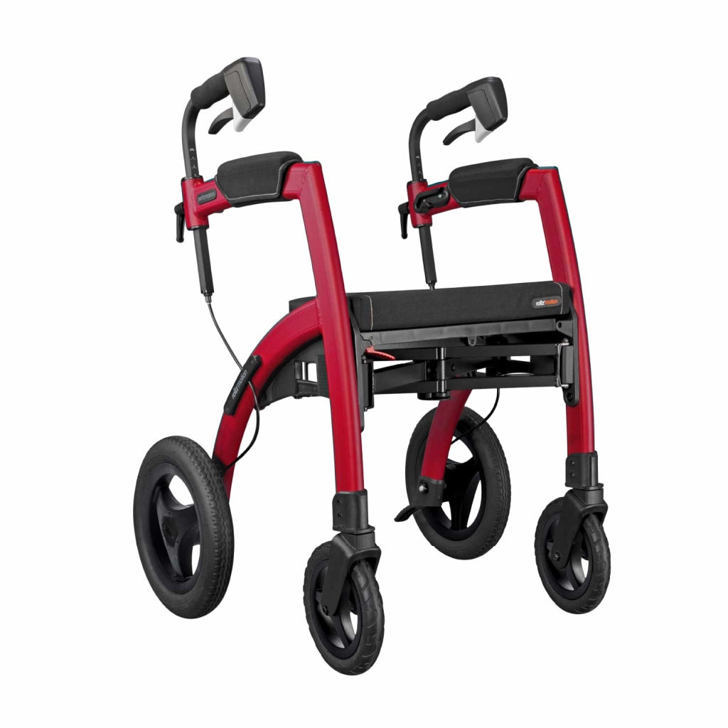 Rollz Motion Performance in Rollator-Konfiguration mit rotem Rahmen, Rückansicht mit höhenverstellbaren Schiebegriffen und schwarzem Sitz.