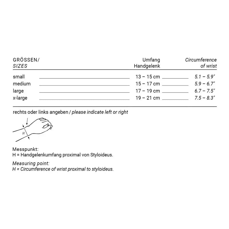 Größentabelle SANIDA® COMFORT Handgelenkbandage