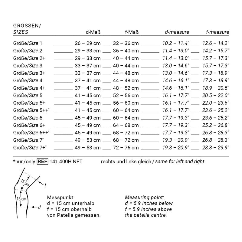 Größentabelle SANIDA® COMFORT Kniebandage