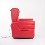 Pflege-Relaxsessel Chanel von egoista in Rot mit Kunstlederbezug, seitliche Ansicht mit hochgeklappter Rückenlehne, praktischer Seitentasche und sichtbarem Kabelanschluss – ein komfortabler und funktionaler Pflegesessel für entspannte Sitzpositionen.