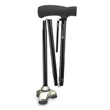 Zusammengefalteter Gehstock Hurrycane in Schwarz mit ergonomischem Griff, Handschlaufe und rutschfestem Dreifach-Standfuß – platzsparend und reisefreundlich.