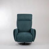 Dreh-Relaxsessel Muna von egoista in petrolfarbenem Stoffbezug, frontal aufgenommen mit ergonomischer Rückenlehne, weicher Polsterung und drehbarem Metallfuß – ein stilvoller und komfortabler Sessel für entspanntes Sitzen.