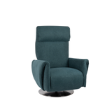 Dreh-Relaxsessel Muna von egoista in petrolfarbenem Stoffbezug mit weicher Polsterung, ergonomischer Rückenlehne und drehbarem Metallfuß – ein stilvoller und bequemer Sessel für modernes Wohnen.