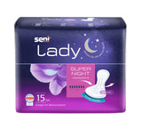 Verpackung der SENI Lady Super Night Inkontinenzeinlagen mit 7 Tropfen Saugstärke, 15 Stück, für die Nacht – atmungsaktiv, mit Präbiotikum und verbreitertem Rückenteil.