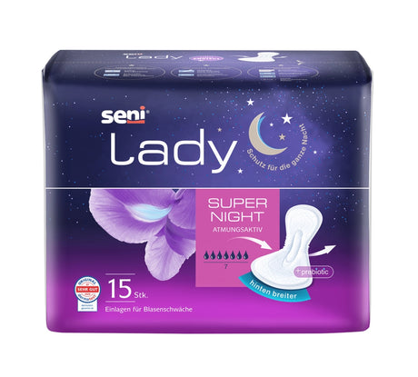 Verpackung der SENI Lady Super Night Inkontinenzeinlagen mit 7 Tropfen Saugstärke, 15 Stück, für die Nacht – atmungsaktiv, mit Präbiotikum und verbreitertem Rückenteil.