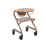 Wohnraumrollator WR 2025 von SALJOL in Champagne Gold mit Sitzbrett, Tablett, Kork-Handlaufpolstern und Tasche – Ansicht schräg von vorn, freigestellt