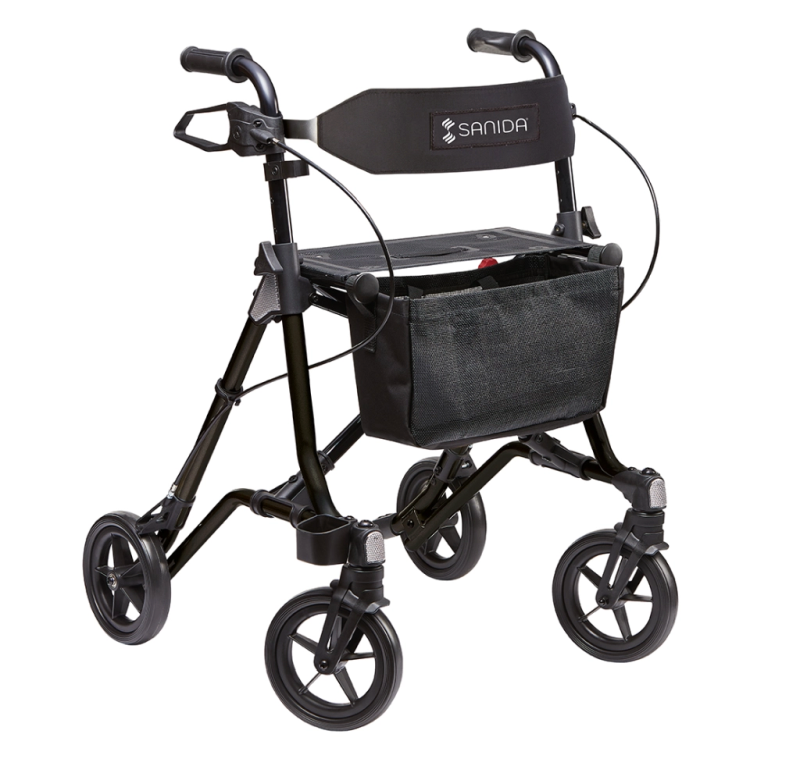 Sanida Rollator in schwarz mit Rückengurt und Netztasche