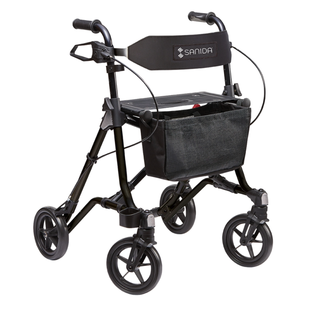 Sanida Rollator in schwarz mit Rückengurt und Netztasche