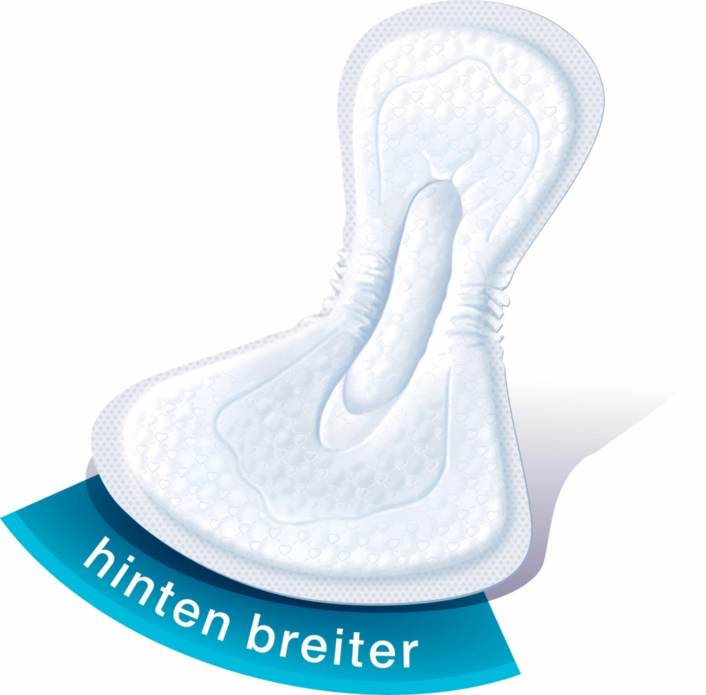 Darstellung der SENI Lady Super Night Einlage mit verbreitertem Rückenteil – optimiert für sicheren Nachtschutz bei Inkontinenz, mit dem Hinweis „hinten breiter“.