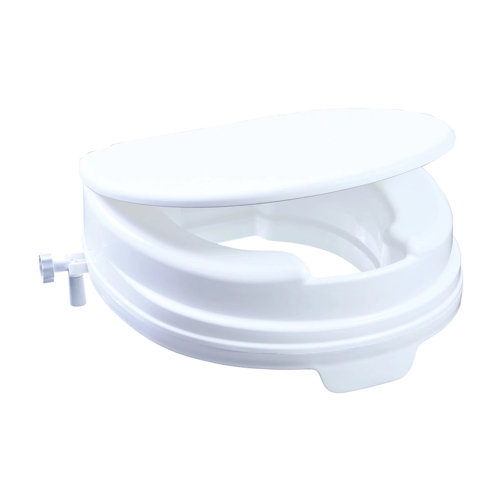 Toilettensitzerhöhung Relaxon B-Protect von Dietz in Weiß mit Deckel und seitlichem Befestigungsmechanismus – hygienisch, ergonomisch und einfach montierbar.